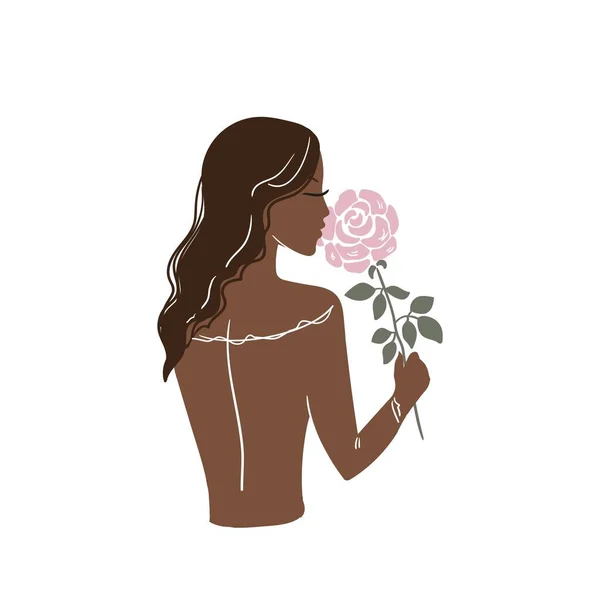 Belle femme dans le style boho avec une rose se tient avec son dos. Illustration vectorielle de stock isolée sur fond blanc. — Image vectorielle