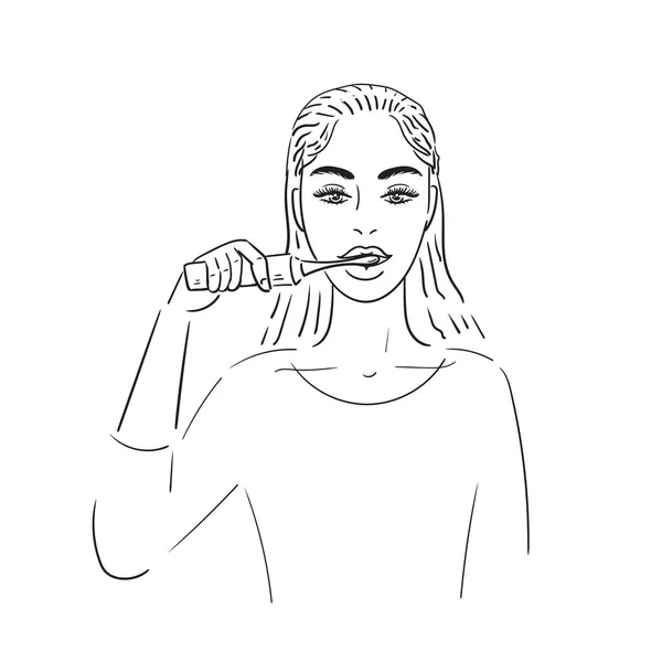 Belle jeune femme se brossant les dents avec une brosse à dents électrique. Illustration vectorielle de stock isolée sur fond blanc. — Image vectorielle