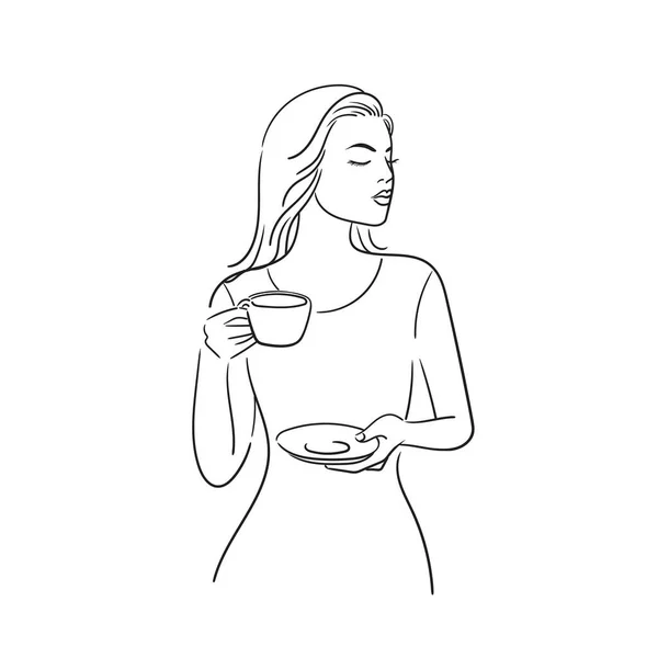 Schöne Frau mit einer Tasse Kaffee. Mädchen trinkt Tee oder Kaffee. Aktienvektordarstellung isoliert auf weißem Hintergrund. Line-Girl. — Stockvektor