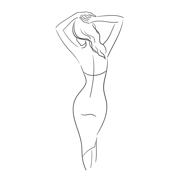 Una hermosa mujer en un vestido está de pie con su espalda. Esbozo lineal de una chica. Stock ilustración vectorial aislado sobre fondo blanco. — Archivo Imágenes Vectoriales