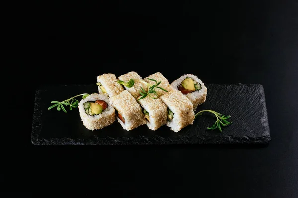 Sushi Fekete Háttér Felső Nézet — Stock Fotó