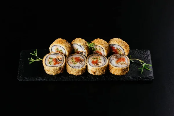 Sushi Meg Egy Fekete Háttér — Stock Fotó