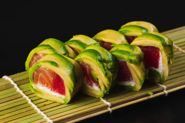 Sushi Salmon Vegetables Black Background — Stock Photo, Image