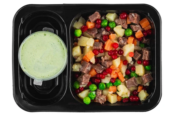 Pyszne Jedzenie Czarnym Plastikowym Pudełku Białym Tle — Zdjęcie stockowe