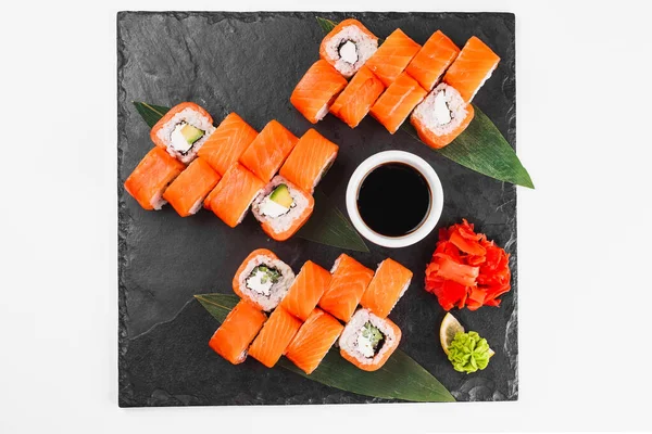 Sushi Nastavit Černém Pozadí Pohled Shora — Stock fotografie