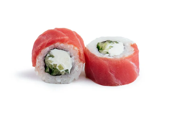 Sushi Roll Salmon Cucumber Avocado White Background — Stock Photo, Image