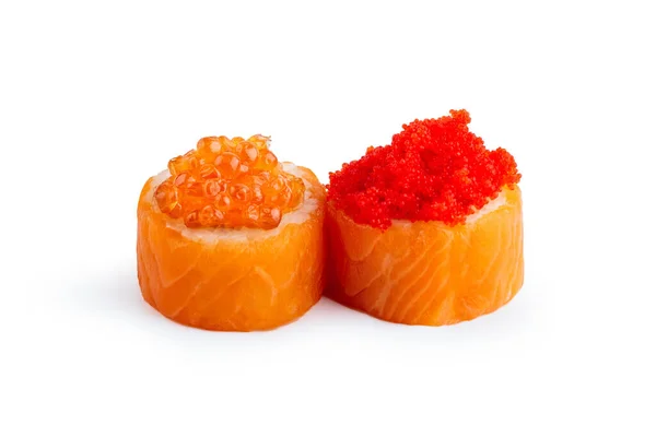 Rotolo Sushi Con Salmone Caviale Isolato Fondo Bianco — Foto Stock