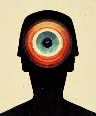 Ampul kafalı bir adam, siyah beyaz antik bir resim gibi.