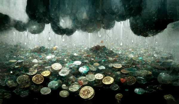 Geldmünzen Unter Der Regensituation — Stockfoto