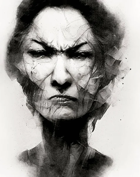 Retrato Una Mujer Enojada Dibujando Extremadamente Malvado Exposición Doble —  Fotos de Stock