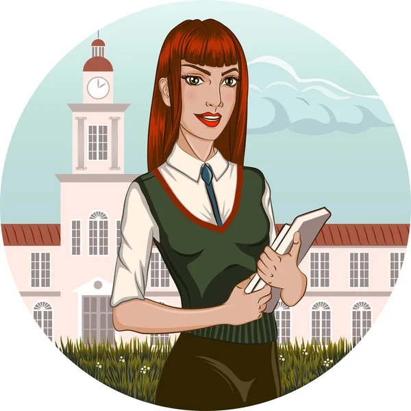 Üniversite öğrencisi kız kolej binası önünde duruyor.