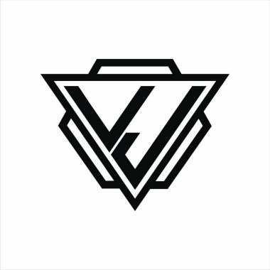 Arka ve beyaz renklerde izole edilmiş üçgen ve altıgen şekilli VJ logo monogramı