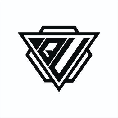 Üçgen ve altıgen şekilli QU logo monogramı arka ve beyaz renklerde izole edilmiş