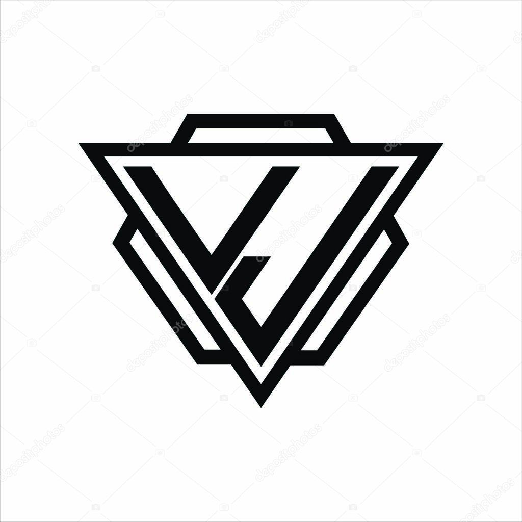 VJ Logo monogram with triangle and hexagon shape combination isolated on back and white colors