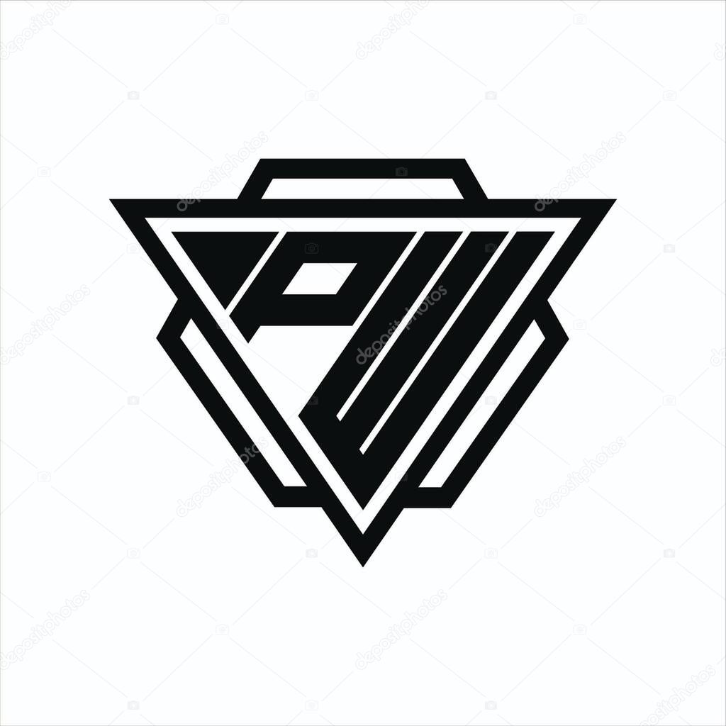 PW Logo monogram with triangle and hexagon shape combination isolated on back and white colors