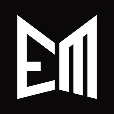 EM Logo tasarım şablonu siyah arkaplan üzerinde izole ayna kalkan şekli