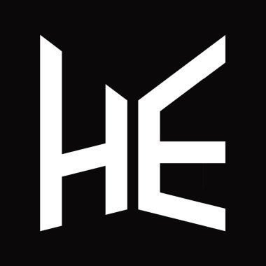 He logo monogram tasarım şablonu siyah arkaplan üzerinde izole ayna kalkan şekli