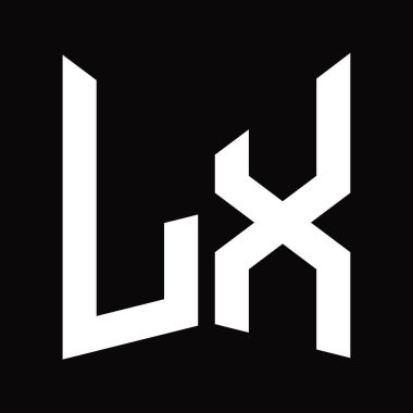 LX Logo monogram tasarım şablonu siyah arkaplan üzerinde izole ayna kalkan şekli