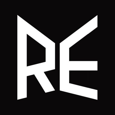 RE Logo tasarım şablonu siyah arkaplan üzerinde izole ayna kalkan şekli