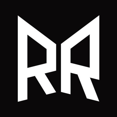 RR Logo monogram tasarım şablonu siyah arkaplan üzerinde izole ayna kalkan şekli