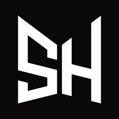 SH Logo tasarım şablonu siyah arkaplan üzerinde izole ayna kalkanı şekilli