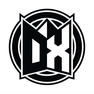 DX Logo monogram tasarım şablonu ayna kalkan şekli ve daire şeklinde yuvarlak