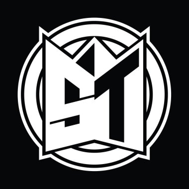 ST Logo tasarım şablonu ayna kalkan şekli ve daire şeklinde yuvarlak
