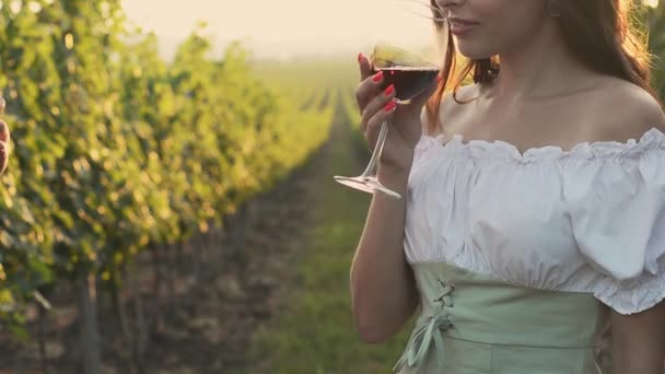 Vrouw toerist met een glas rode wijn staat bij zonsondergang in de buurt van de wijngaard proeven — Stockvideo