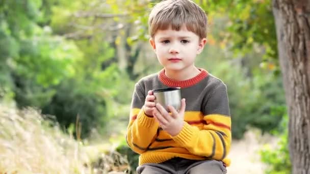 Snygg vacker liten söt pojke i en mysig tröja dricker te från en termos höst — Stockvideo