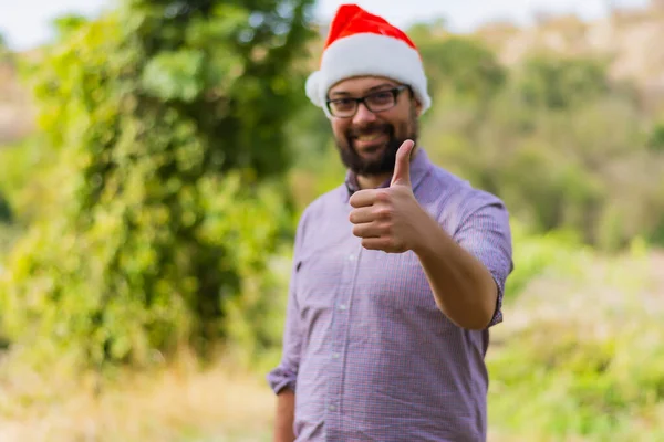 Positive Handsome Smiling Man Years Old Plaid Shirt Wearing Santa — Stock Photo, Image