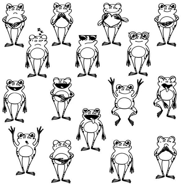 Vector cute frog characters outline, black white — Stock Vector