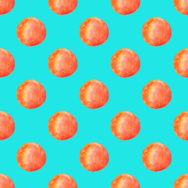 Elle boyanmış dikişsiz suluboya deseni. Polka deseni. Mavi arkaplanda turuncu noktalar.