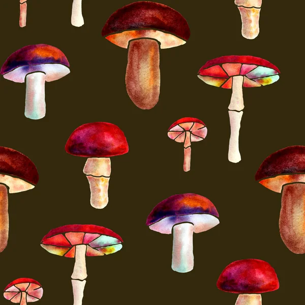 Seamless Pattern Forest Mushrooms Watercolor Technique Green Background Vibrant Hand — Stock Photo, Image