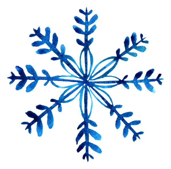 Акварельна блакитна сніжинка ізольована на білому. Ручна пофарбована зимова ілюстрація . — стокове фото