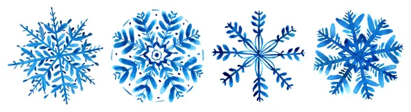 Zestaw czterech akwarelowych niebieskich płatków śniegu izolowanych na biało. Ręcznie malowane zimy ilustracji. — Zdjęcie stockowe