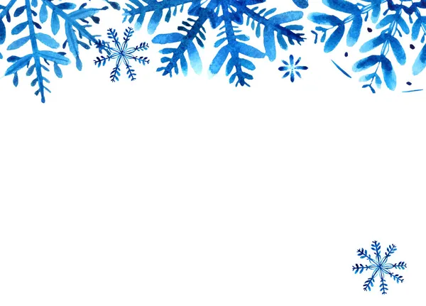 Cadre d'hiver avec flocons de neige aquarelle bleue sur fond blanc. Rectangle. — Photo