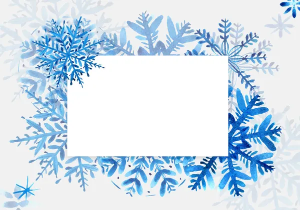 Cadre d'hiver avec flocons de neige aquarelle bleue sur fond blanc. Rectangle horizontal. — Photo