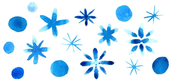 Et sett med blå snøfnugg og prikker isolert på hvitt. Håndmalt vinterillustrasjon. – stockfoto