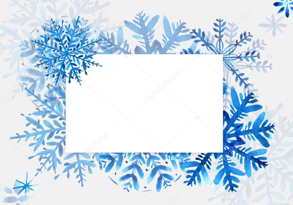 Winter frame with blue watercolor snowflakes on white background. Horizontal rectangle.