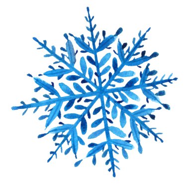 Mavi suluboya kar tanesi beyazda izole edilmiş. El yapımı kış çizimi. Kartlar, davetiyeler, afişler için mükemmel