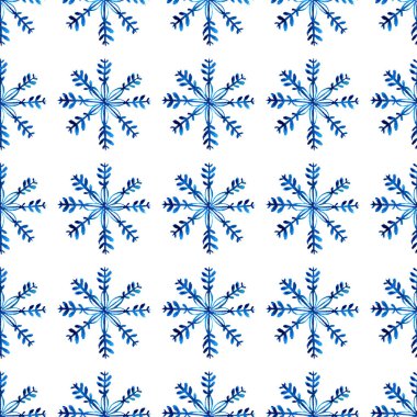 Beyaz zemin üzerinde mavi suluboya kar taneleri olan kusursuz bir desen. El yapımı kış çizimi. Kağıt, kumaş, tekstil, duvar kağıdı ve farklı kış ürünleri için mükemmel.