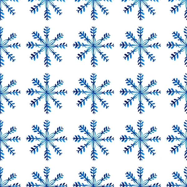 Naadloos Patroon Met Blauwe Aquarel Sneeuwvlokken Witte Achtergrond Met Hand — Stockfoto