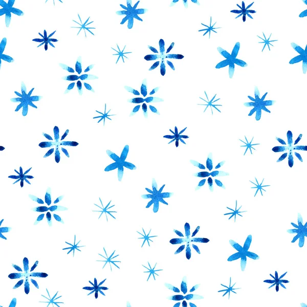 Seamless pattern with blue watercolor snowflakes on white background. Hand painted winter illustration. Perfect for wrapping paper, fabric, textile, wallpaper and different winter products