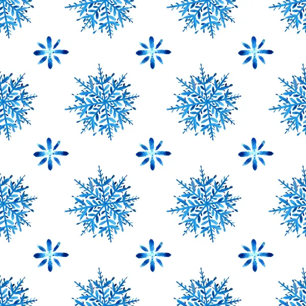 Seamless pattern with blue watercolor snowflakes on white background. Hand painted winter illustration. Perfect for wrapping paper, fabric, textile, wallpaper and different winter products