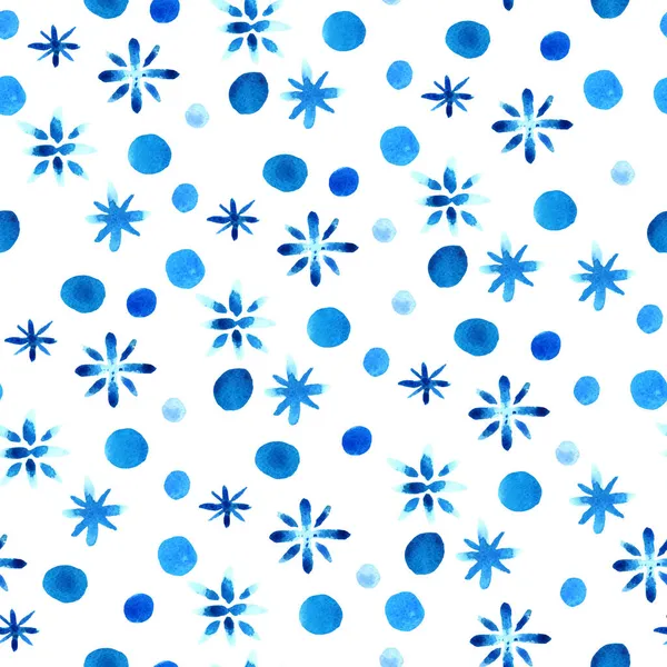 Płynny wzór z niebieskimi płatkami śniegu akwarela na białym tle. Ręcznie malowane zimy ilustracji. — Zdjęcie stockowe