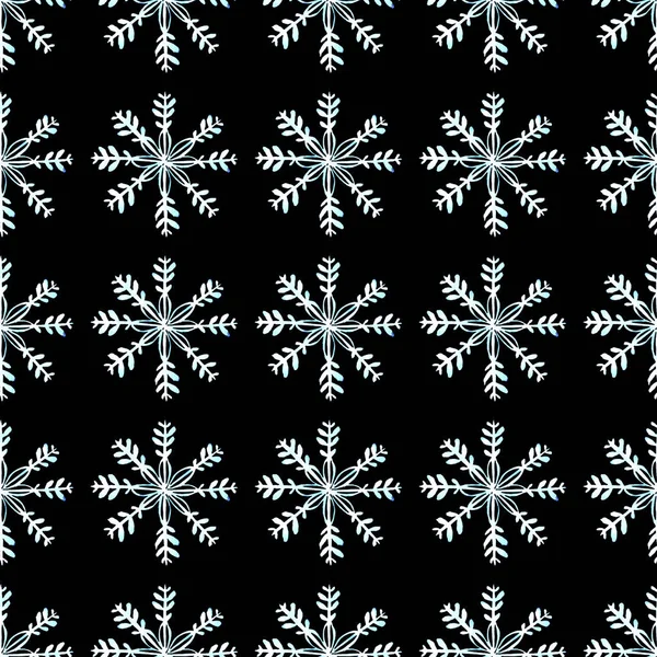 Płynny wzór z akwarelowymi płatkami śniegu na ciemnym tle. Ręcznie malowane zimy ilustracji. — Zdjęcie stockowe