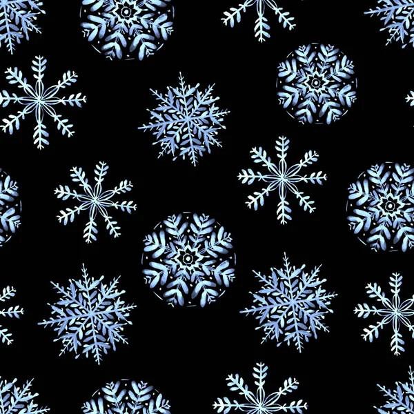 Seamless pattern with watercolor snowflakes on dark background. Hand painted winter illustration. — Stock Photo, Image