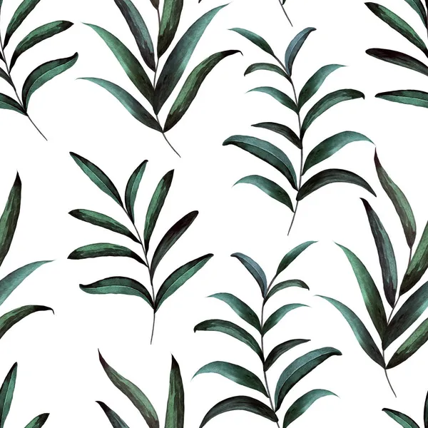 Seamless pattern with watercolor green foliage on white background. Hand painted illustration. isolated floral. — Stock Photo, Image