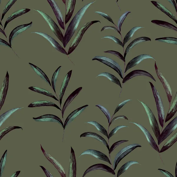 Nahtloses Muster mit aquarellgrünem Laub auf khakifarbenem Hintergrund. Handgemalte Illustration. isoliert florale. — Stockfoto