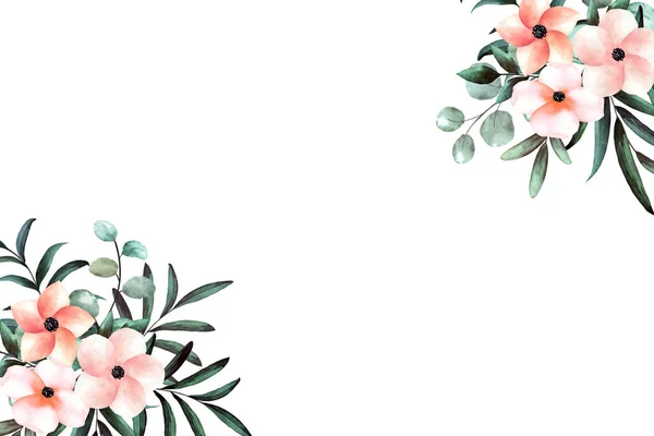 Cadre floral avec bouquet aquarelle fleurs de corail rose et feuilles vertes branches sur fond blanc. Illustration peint à la main. Rectangle. Parfait pour les cartes de mariage ou invitation. — Photo